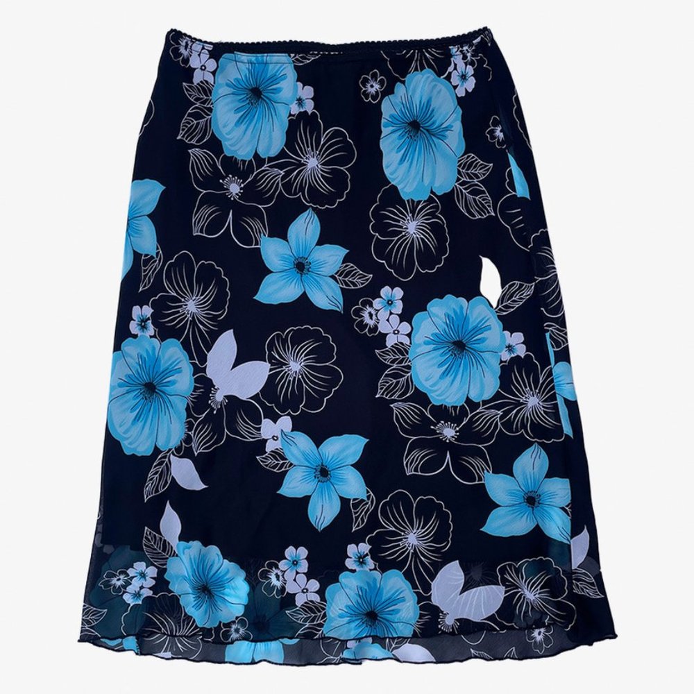 Black and Blue Floral Sheer 90s Midi Skirt